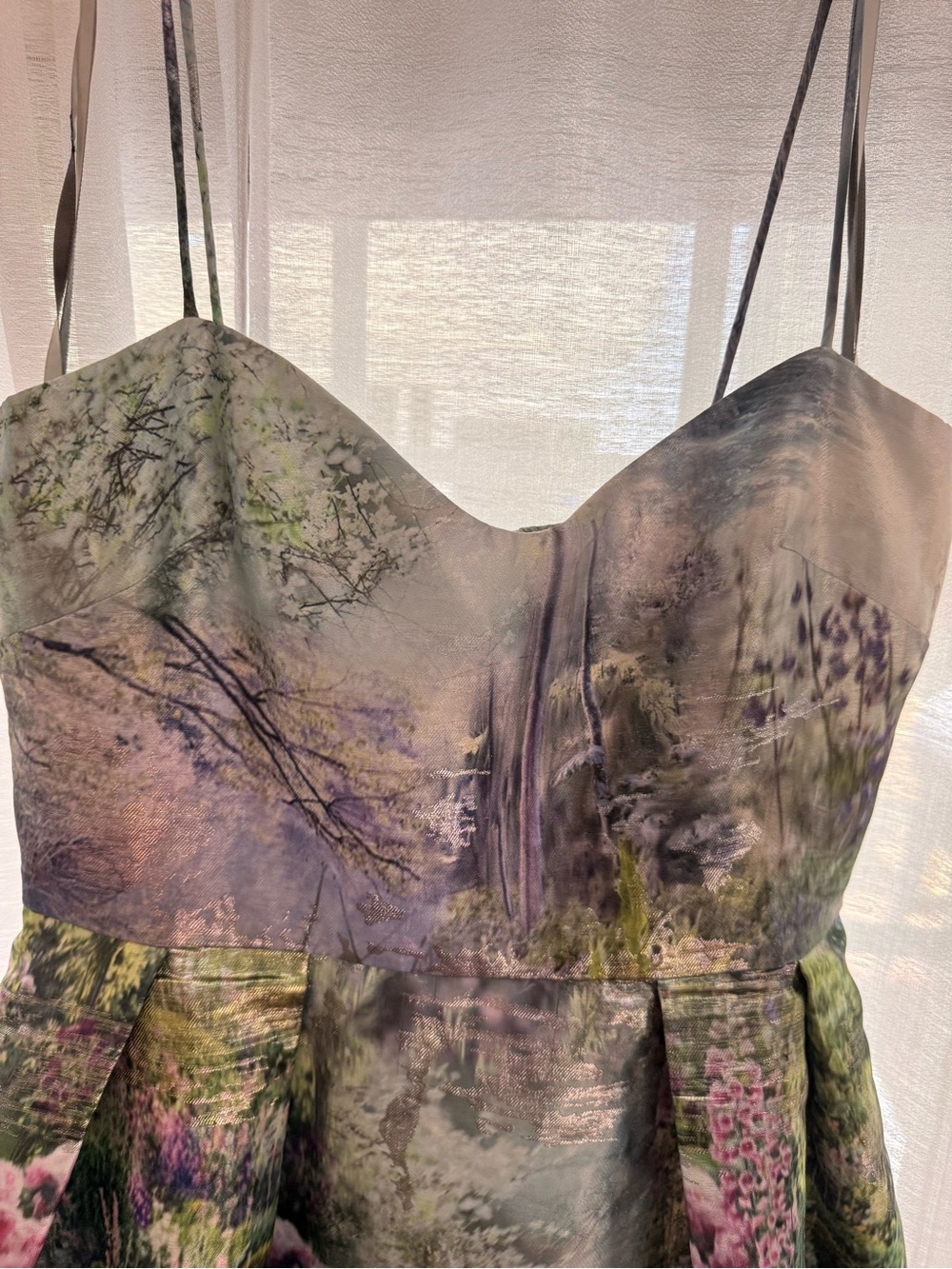 ML Monique Lhuillier Garden Print Metallic Midi Cocktail Dress - Picture 2 of 6